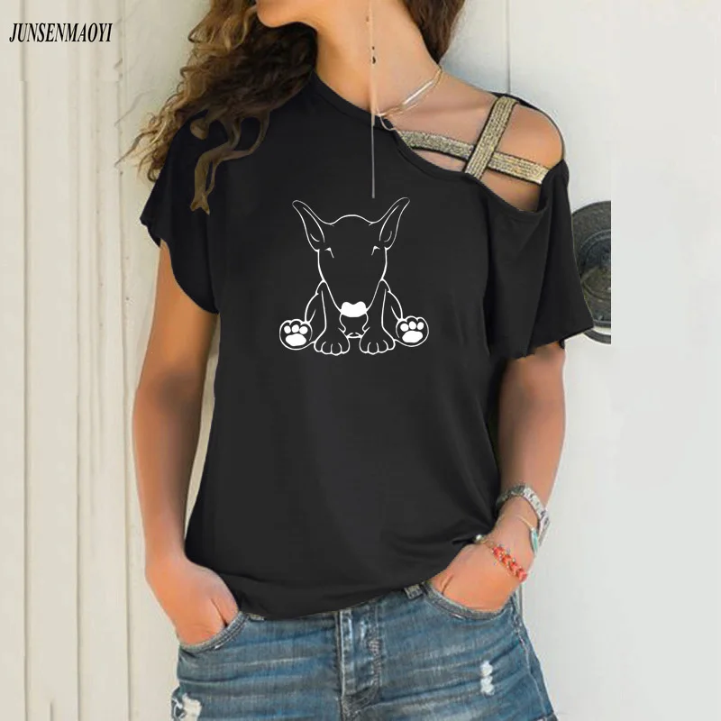 

Women fashion Summer new Bull Terrier Dog print graphic t shirts Causal Short Sleeve t shirt Irregular Skew Cross Bandage Tops