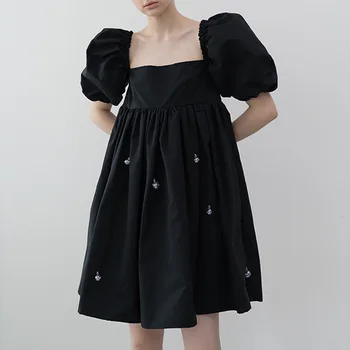 

Korean Style Women Dress Cotton Fashion Puff Sleeve Dress Female 2020 Summer New Women Clothing U691