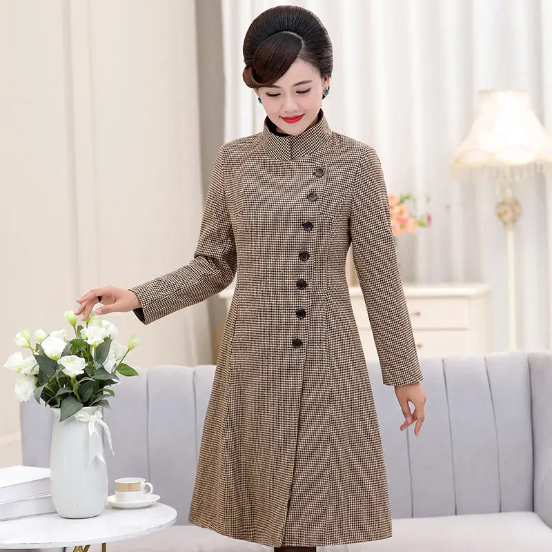 

Mother Autumn Woolen Coat Fashion Long Elegant Trench Coat 2019 New Middle-aged Women's spring Plaid Windbreaker Blazer f1743