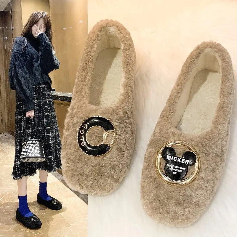 

2020 Autumn Winter Women Ballet Flats Lovely Bow Warm Fur Comfort Cotton Shoes Woman Loafers Warm Fluffy Zapatos De Mujer