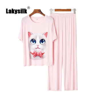 

Spring Summer Pajamas Sets Female Modal Round Neck Cartoon Big-eyed Cat Short-sleeve Trousers Cozy and Loose Women's Clothing