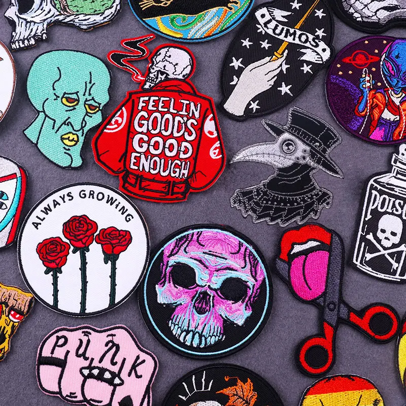 Punk Skull Patches On Clothes Hippie Biker Clothing Thermoadhesive Dress Badges DIY Embroidered Patch For | Дом и сад