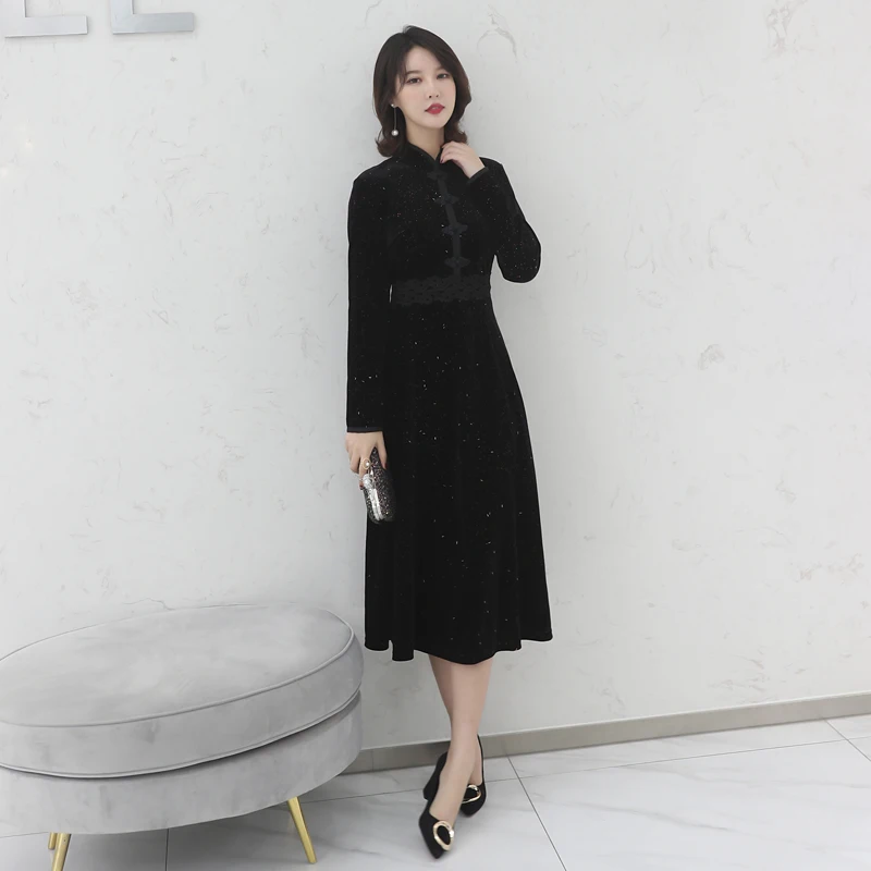 Winter and autumn dress women dress elegant black High waist glitter plus size 5xl long sleeve velvet cheongsam ladies dress