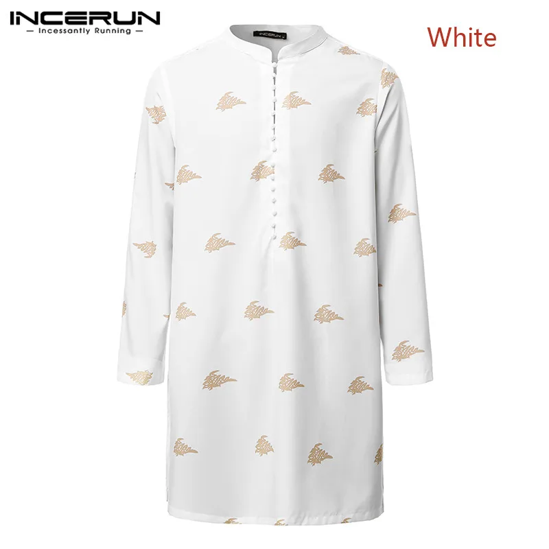 White Shirt Мужские рубашки с принтом, с длинным рукавом, Ретро стиль, на пуговицах, уличная одежда, стоячий воротник,, индийские длинные рубашки, мужская повседневная одежда, S-5XL INCERUN - Цвет: White Shirt