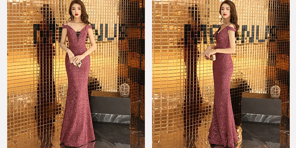 Skyyue вечернее платье с коротким рукавом v-образным вырезом Спагетти ремень Vestidos De Gala K121 блестками размера плюс Русалка Длинные платья для выпускного вечера