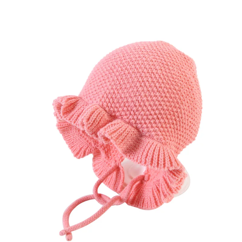 Pink baby hat Шапка принцессы для маленьких девочек; вязаная зимняя шапка с кружевом для новорожденных; детская шапочка; Детские шапки для девочек; теплая шапка для новорожденных; s - Цвет: Pink baby hat
