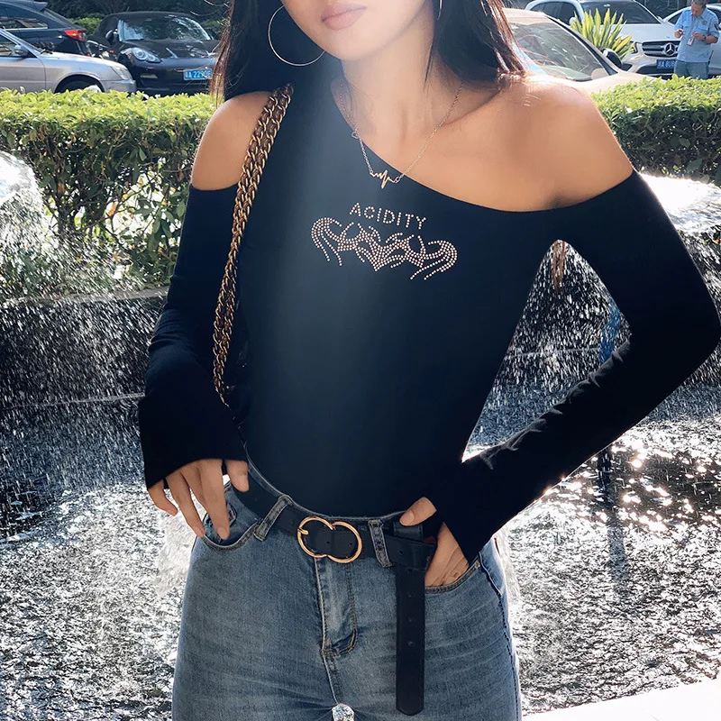 

Gothic Black Summer Women Long Sleeve One Shoulder Backless Diamond Letter Printing T-shirt Goth Female Streetwear Bodycon Tops