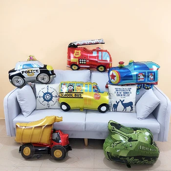 

Besegad 6PCS Cute Cartoon Tank Police Car Fire Truck School Bus Train Aluminum Foil Balloon for Kids Birthday Gifts Party Decor