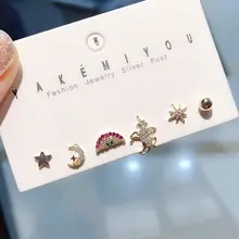 Изысканные Смешанные стили маленькие серьги-гвоздики набор вставки из кубиков циркона Радуга лошадь серьги в виде Луны и звезды для женщин