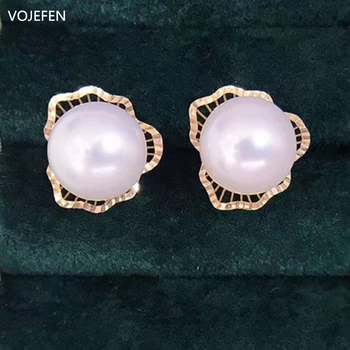 

VOJEFEN "Lovely Flower" High Polished AU750 18k Yellow Gold Earrings with 7-7.5mm Natural Freshwater Pearl Earring For Women