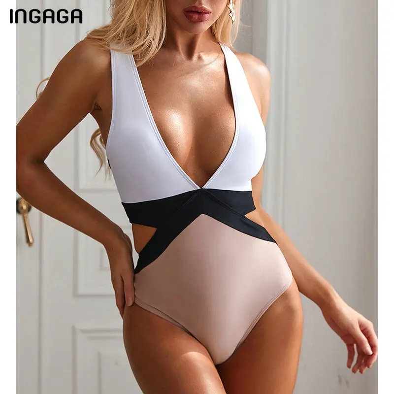 

INGAGA 2020 Plunging Swimsuit Fused Patchwork Swimwear Women Sexy Backless Bodysuit New Monokini High Cut Bathing Suit Women's