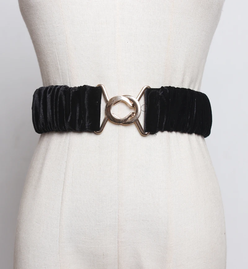 SeeBeautiful New Fashion Autumn Winter Simple Metal Buckle Gold Velvet Cloth Elastic Girdle Waist Seal Belts Woman Q385