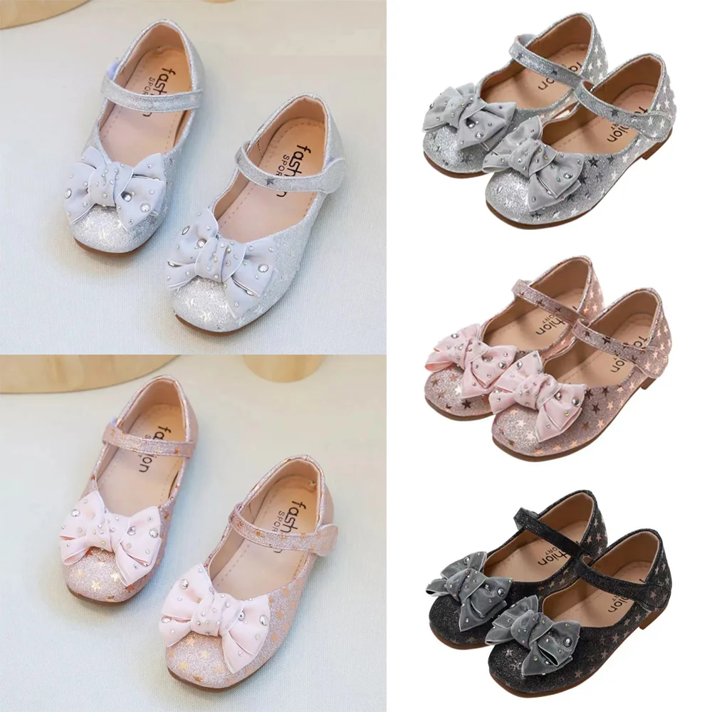 

Kids Girls Cute Sequins Princess Shoes Bownot Leather Shoes Kids Party Dress Wedding Dance Shoes Flat bottom sandals D30