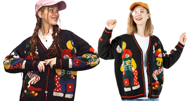 Funny clown print knitted cardigan sweater Clearance
