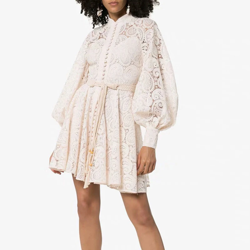 Fashion Runway Dress Women Summer Lace Embroidery Hollow Out White Dresses Elegant Long Sleeve Lace-up Slim Party Dress