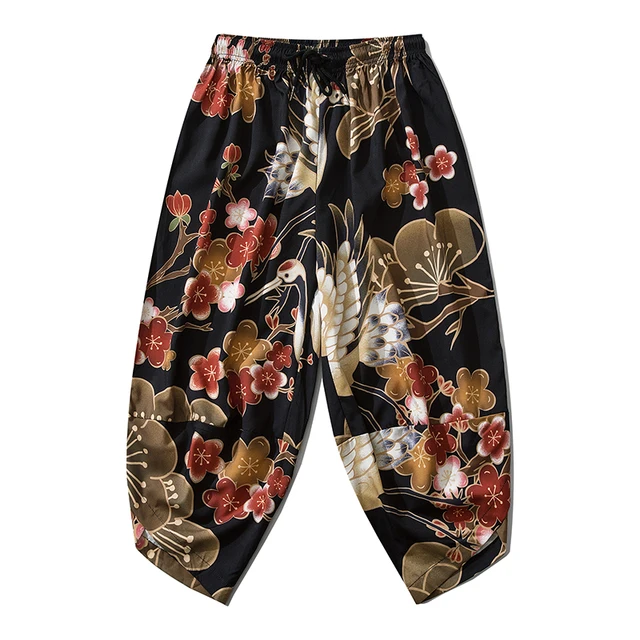 Bebovizi 2020 Japanese Style Harajuku Men Trousers Sakura Samurai Costume Loose Fashion Women Traditional Bloom Pants Haori 155