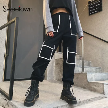 

Sexy New Casual Loose Street Style Cargo Pants Women Baggy Trousers Contrast Color Pockets Hip Hop High Waist Harem Pants Cotton