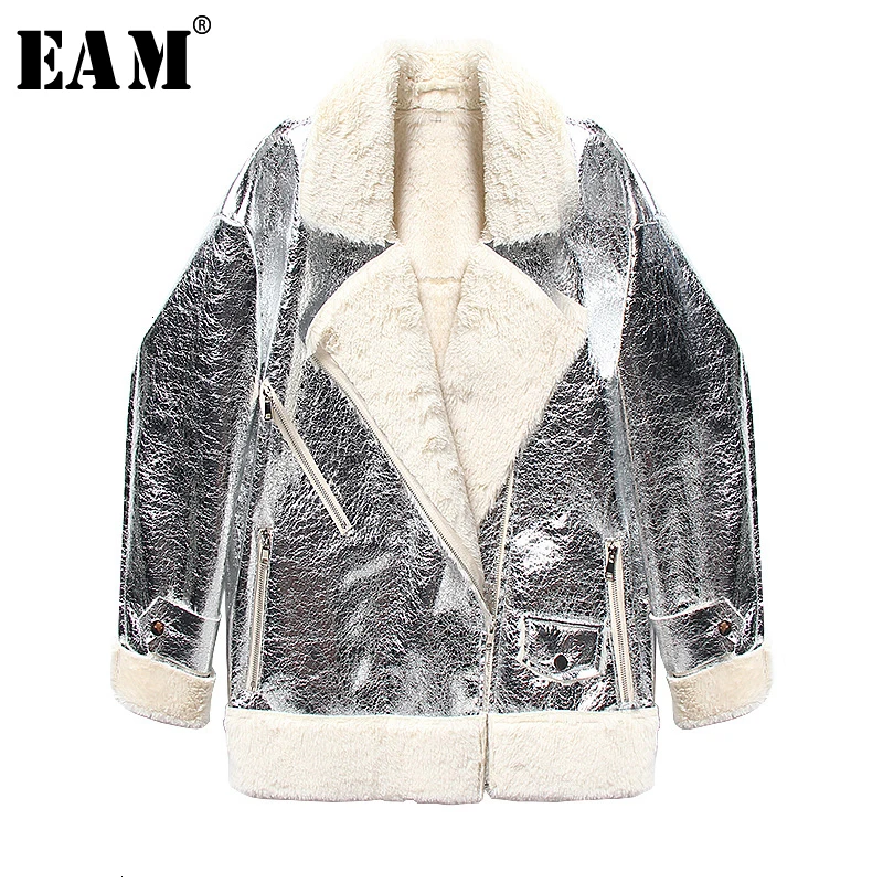 [EAM] Свободная куртка из овечьей шерсти с разрезом, большой размер, Толстая куртка, новинка, с отворотом, с длинным рукавом, Женское пальто, модное, Осень-зима, 19A-a784