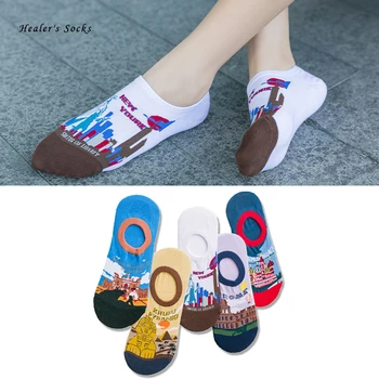 

2020 New Fashion Men and Women Socks Cotton Color Landmark View Embroidery Cute Art Funny Harajuku Casual Girls Invisible Socks