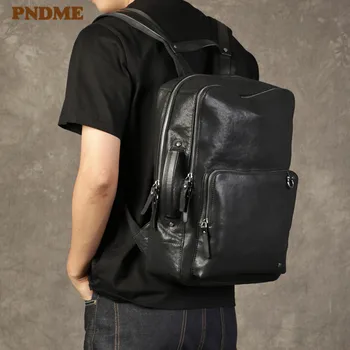 

PNDME fashion casual genuine leather men's women's backpack simple natural real cowhide travel large capacity laptop bagpack