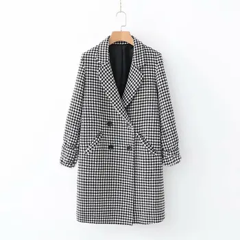 

2020 autumn winter long houndstooth jackets womens loose casual coats turn down collar double breasted outwear chaqueta mujer