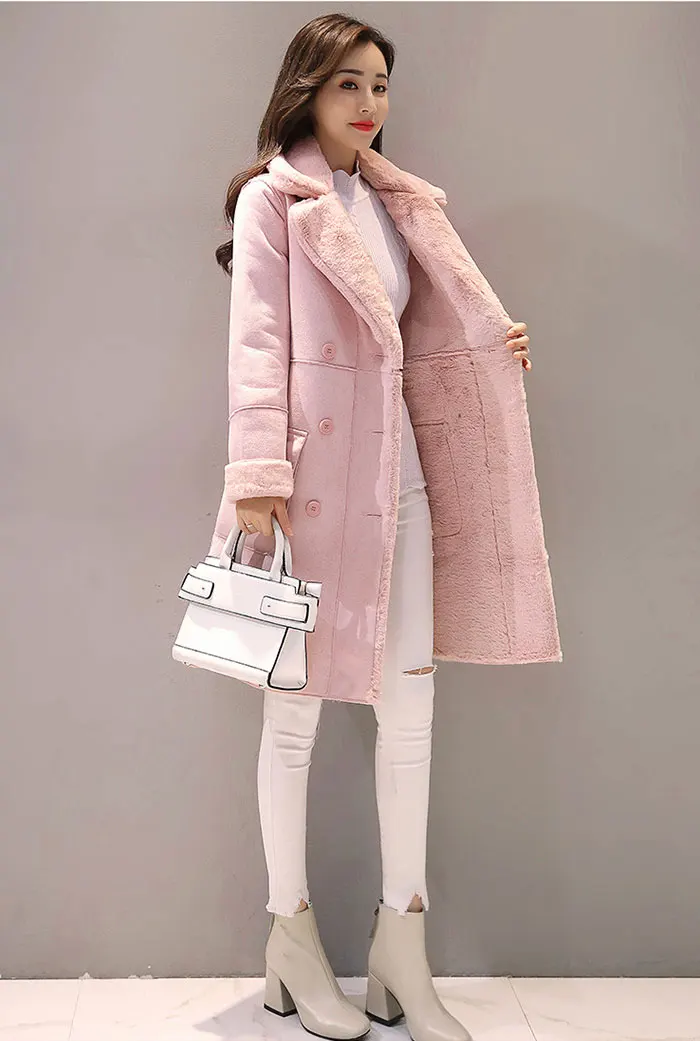 Женское зимнее пальто из замши с мехом модное плотное длинное пальто из искусственной овчины Женские однотонные теплые тренчи
