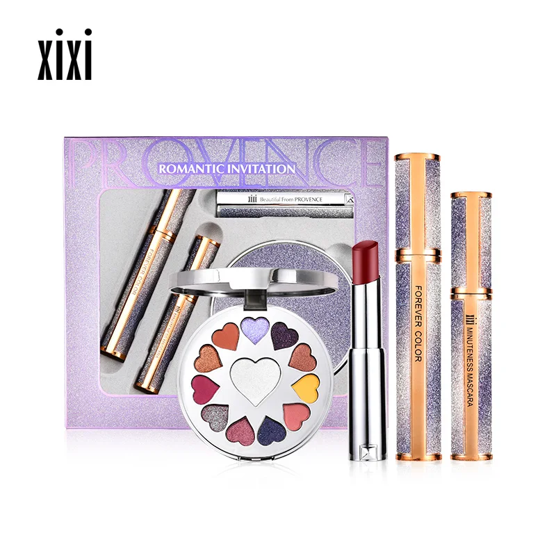 Xixi brand makeup 4D silk fiber eyelash mascara with shimmer glitter eyeshadow palette waterproof sexy red mate lipstick AC112