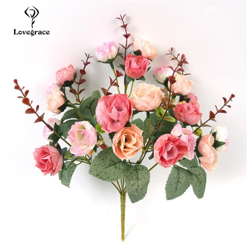 Lovegrace, искусственные шелковые цветы, 21 головка, Ретро стиль, роза, сделай сам, букет невесты, Бордовые цветы, для дома, вечерние, для комнаты, Свадебный декор, искусственные розы