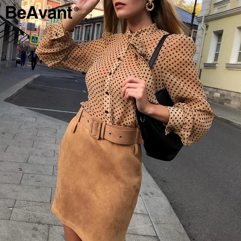 BeAvant Polka Dot Ladies OL Blouses Spring Long Sleeve Neck Tie Chiffon Blouse Shirts Elegant Women 2020 Casual Blusa Tops Chic