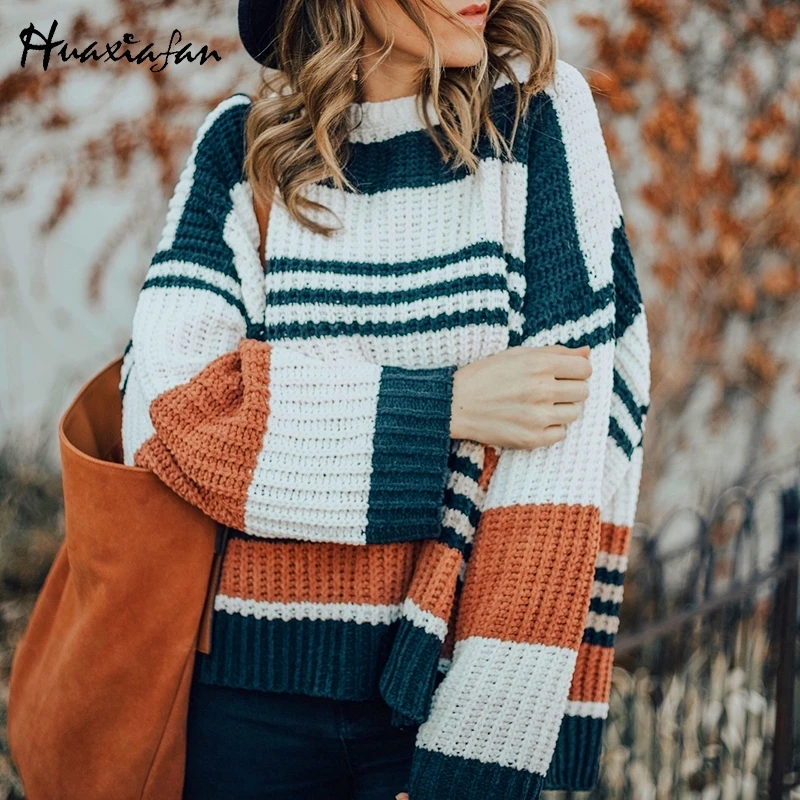 

Huaxiafan Sweaters women winter Pullover striped 2019 jumpers knitted clothes fashion long sleeve Stitching loose knit sweaters