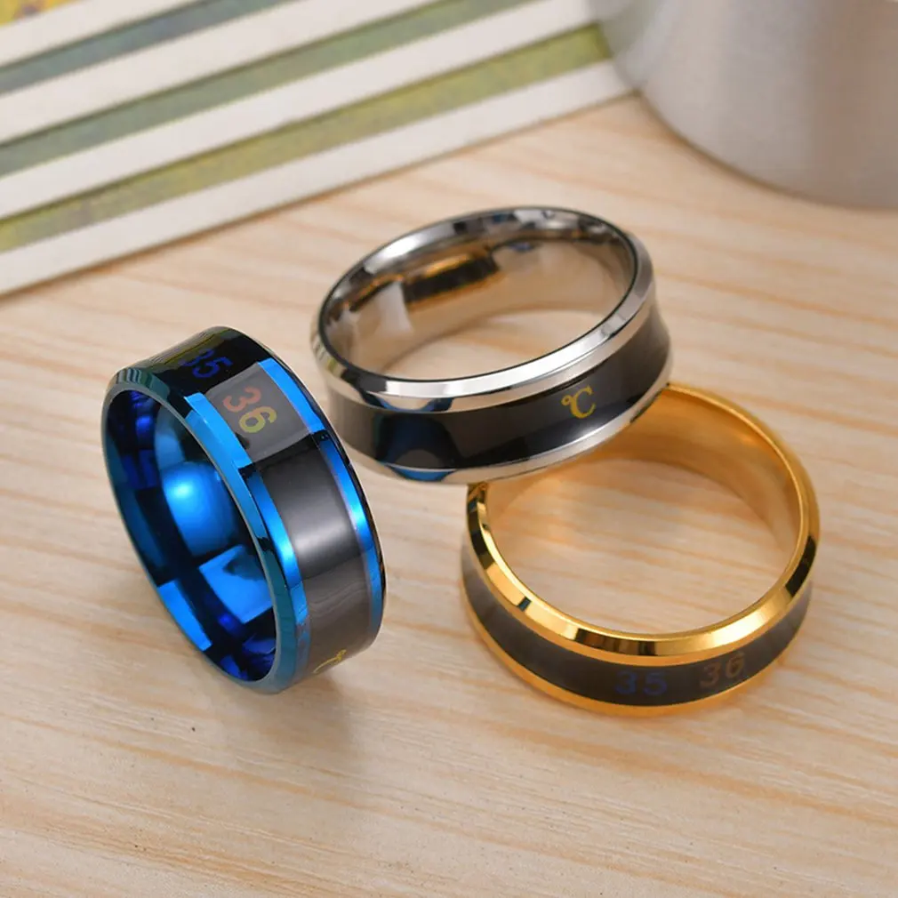 Stainless Steel Waterproof Intelligent Smart Temperature Couple Rings Blue Titanium Finger Jewelry Fingertip Temperature Sense