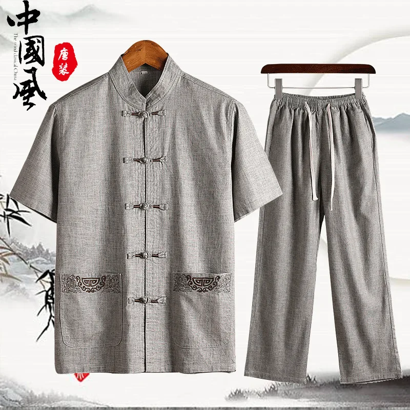 

Flax Set Summer Chinese Clothing Cotton Linen Chinese Costume MEN'S Short Sleeve Middle-aged Dad Chinese-style Ancient Costume L