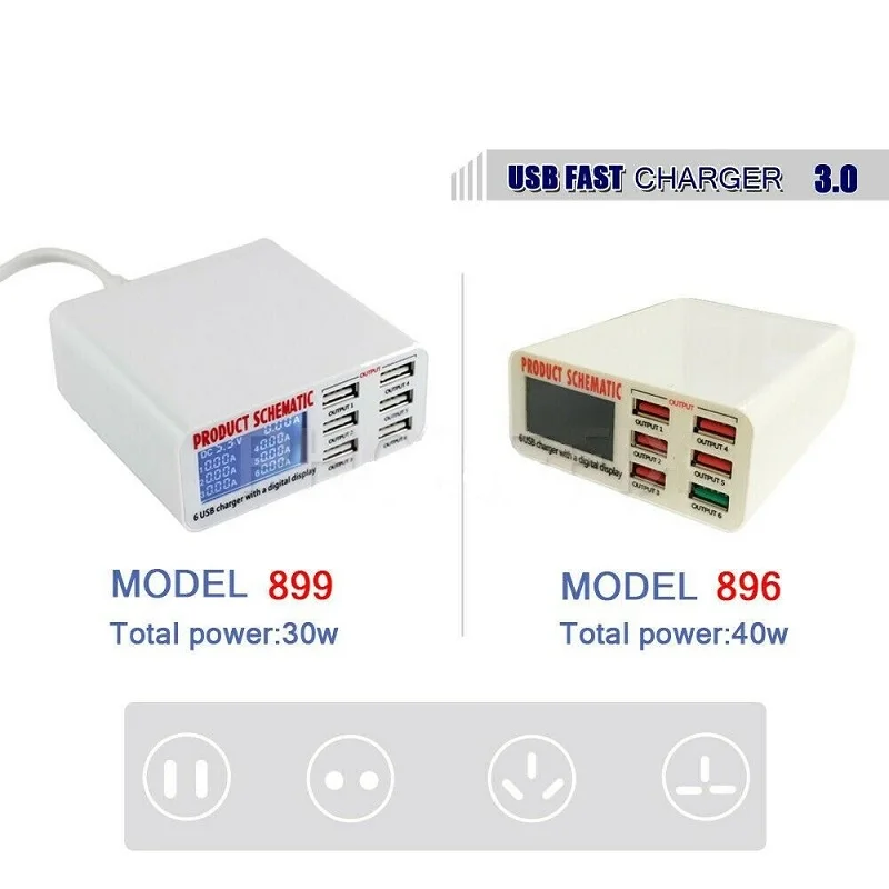 

USB Charge 3.0 6-Port 6A USB Charger Adapter Hub Multi Port USB Hub With Charger Dock Station with LCD Display Auto Detect Tech