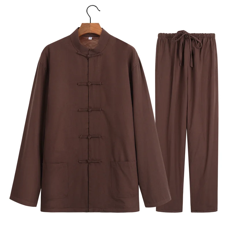 Chinese tunic suit New Year man Tang costume Han clothing men's linen warm cotton coats plus velvet thick casual two-piece suit