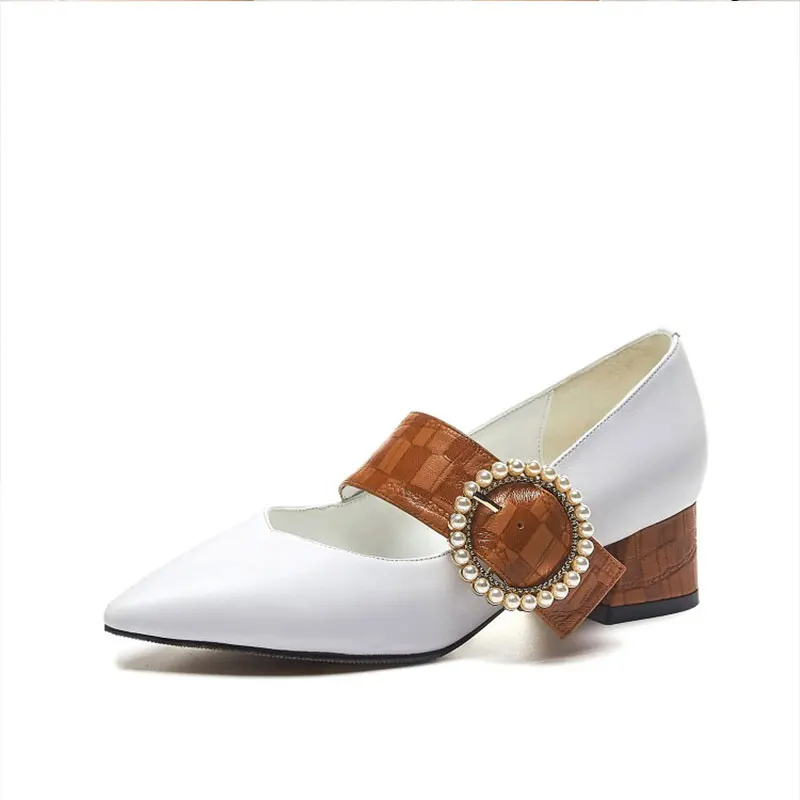 

New Genuine Leather Chunky heel Pumps Fashion Sun Flower Buckle Mary Jane Shoes Women's Mid Heel Dress Pumps