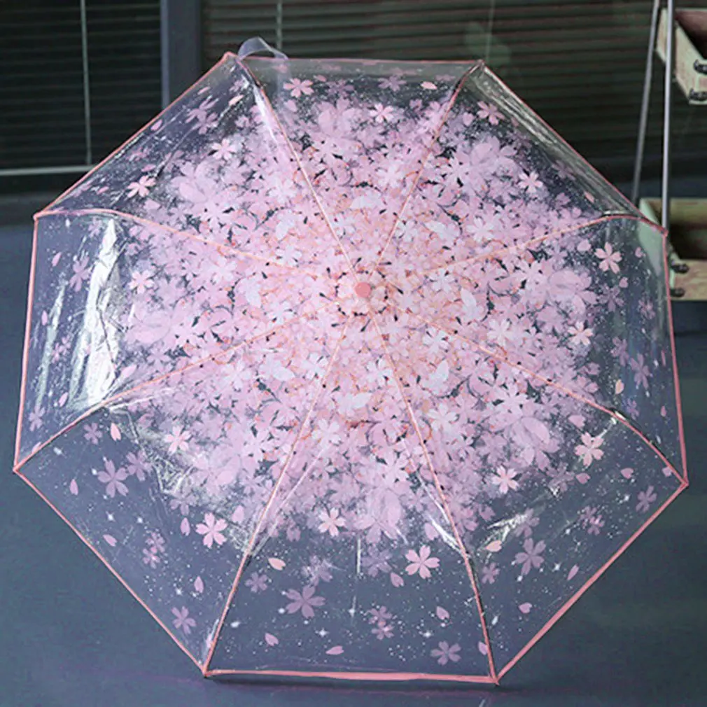 Folding Cherry Umbrella Transparent Clear Three 8 Rib Windproof Umbrellas Women Rain Newest | Дом и сад