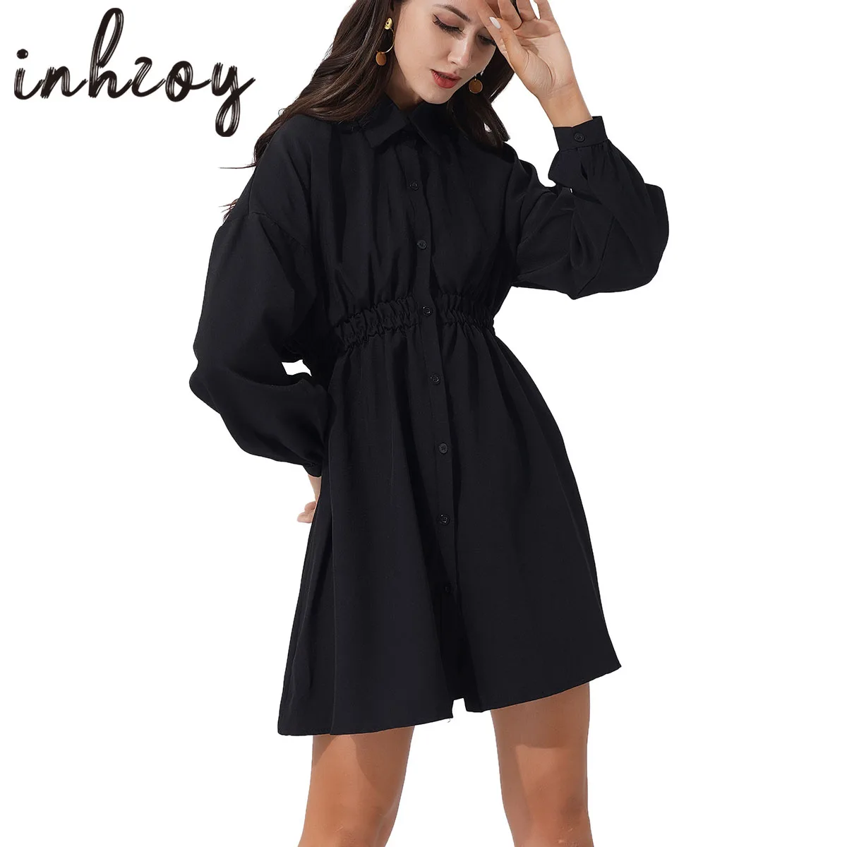 

Women Office Lady Elegant Shirts Mini Dress Ladies Long Sleeve Buttons Turn-Down Dresses