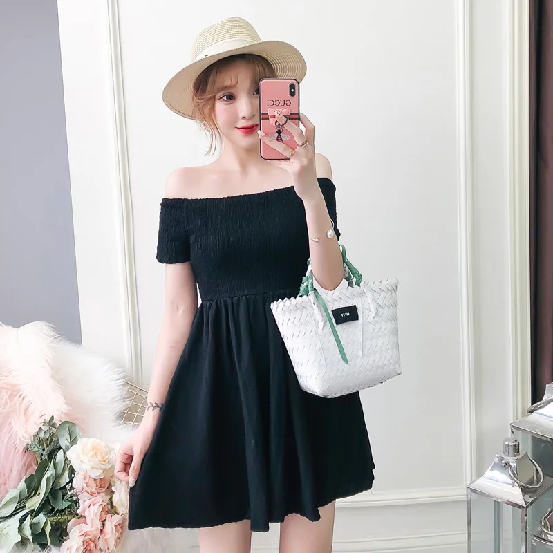 

Large Size Dress 2018 Summer Wear New Style Large GIRL'S Horizontal Neck off-Shoulder Mid-length Dress Fat Mm