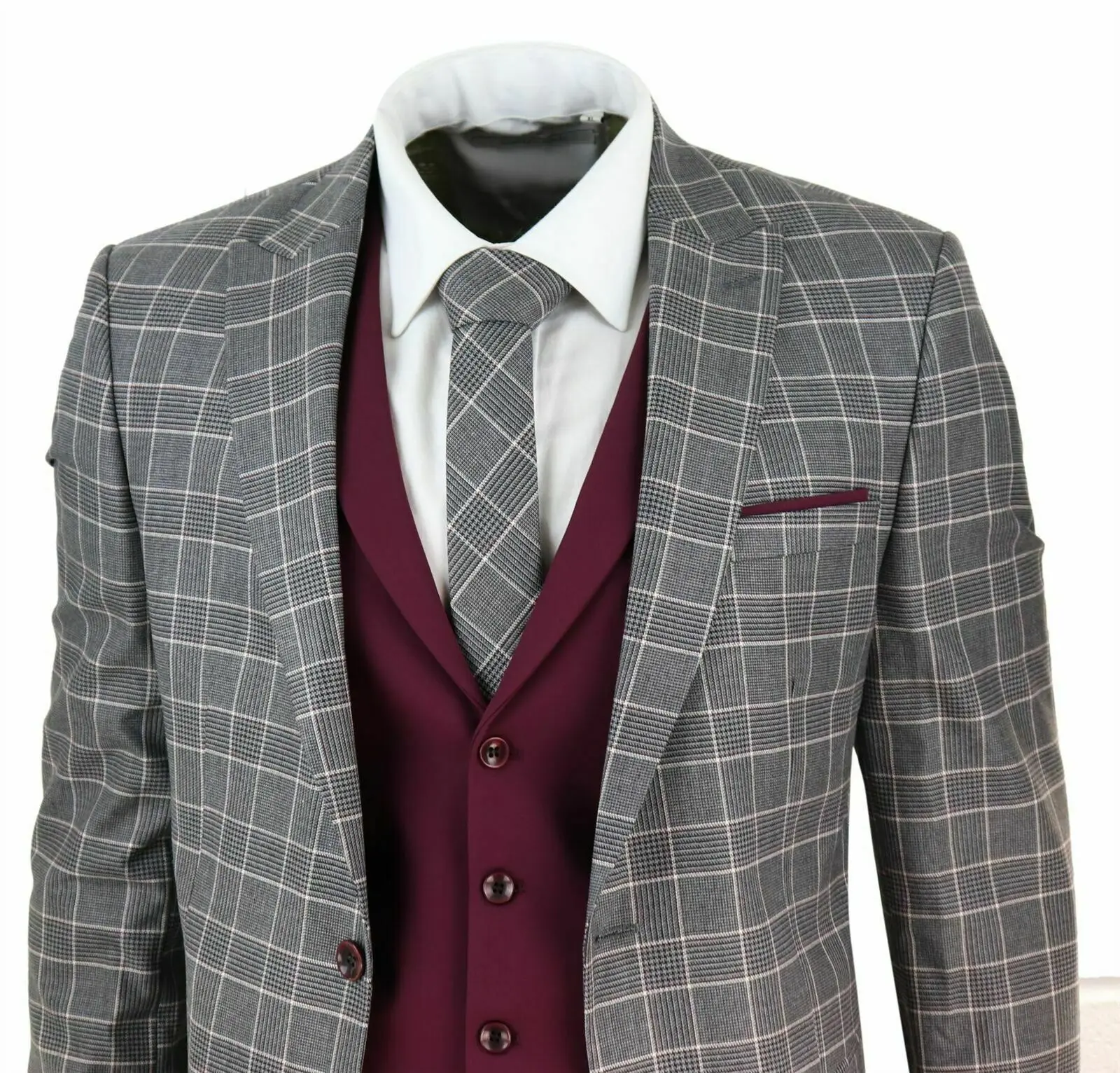 Mens 3 Piece Suit Check 1920s Gatsby Tweed Vintage Grey Classic Wedding Prom 