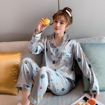 

Luxury Silk Pajama Sets For Women 2 Pcs Long Sleeve Cardigan Lapel Pyjamas Loose Comfort Pijama Female Comfort Night Sleepwear