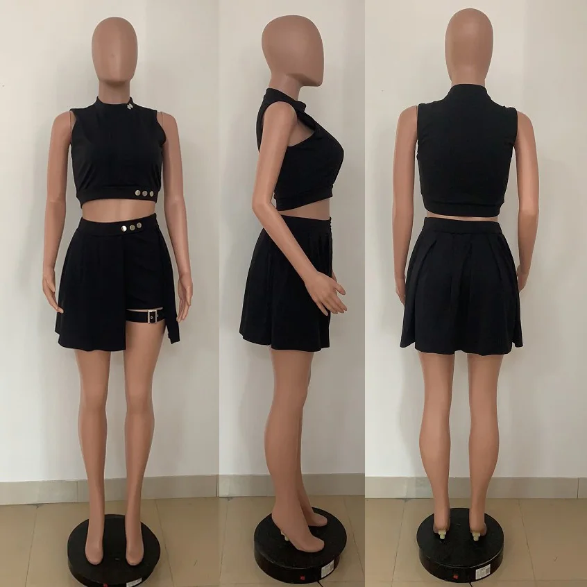 Summer Sleeveless Pleated Skirt Short Sets Women Sleeveless Crop Top and Mini Skirts Sexy Two Piece Sets 2021 Casual Clothings pant suit