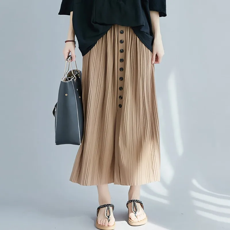 

Pleated Skirt Solid Women's Loose Casual Button Decoration Cotton Ankle-Length Empire Waistline Female Skirt