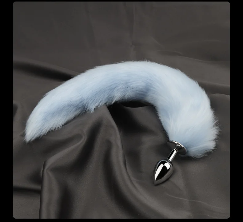 Unisex Metal Silver Anal Butt Plug with Blue Fox Tail