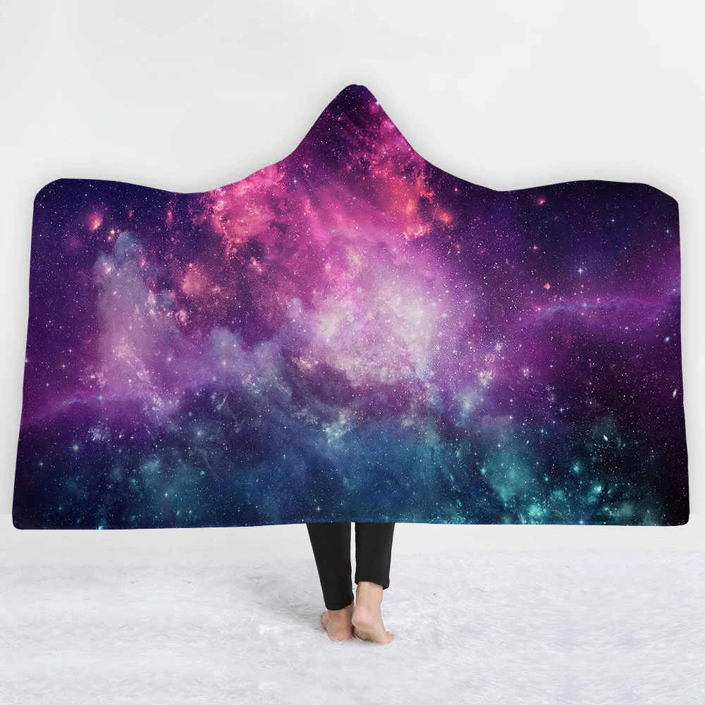 Галактическое одеяло с капюшоном, утепленное бархатное плюшевое шерстяное одеяло, семейное одеяло для детей, теплое одеяло с капюшоном