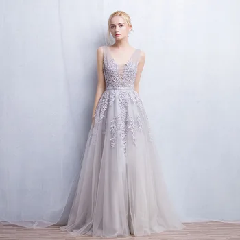 

Evening Dress For Wedding Party Sexy V-neck A-line Formal Evening Dresses Luxury Lace Embroidery Robe De Soiree Plus Custom Size