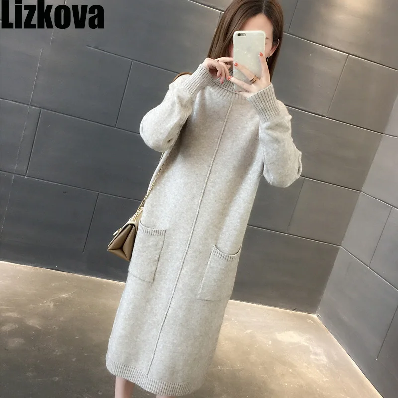 

2019 Autumn Women Sweater Dress Long Turtleneck Pullover Sweater Woman Solid Color Knitted Dress