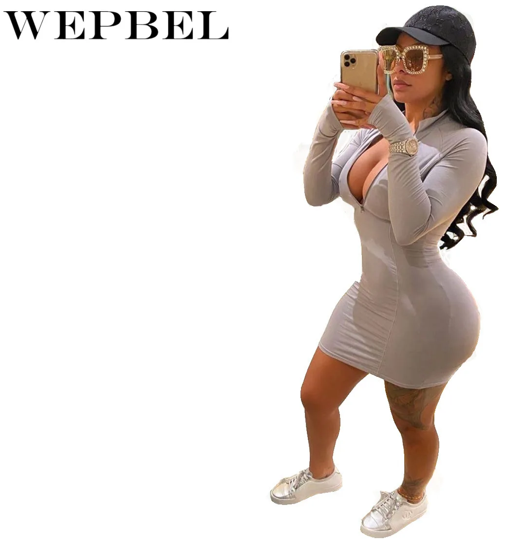 

WEPBEL Autumn Long Sleeve V-neck High Waist Mini Casual Dress Women's Sexy Zip Sheath Dress