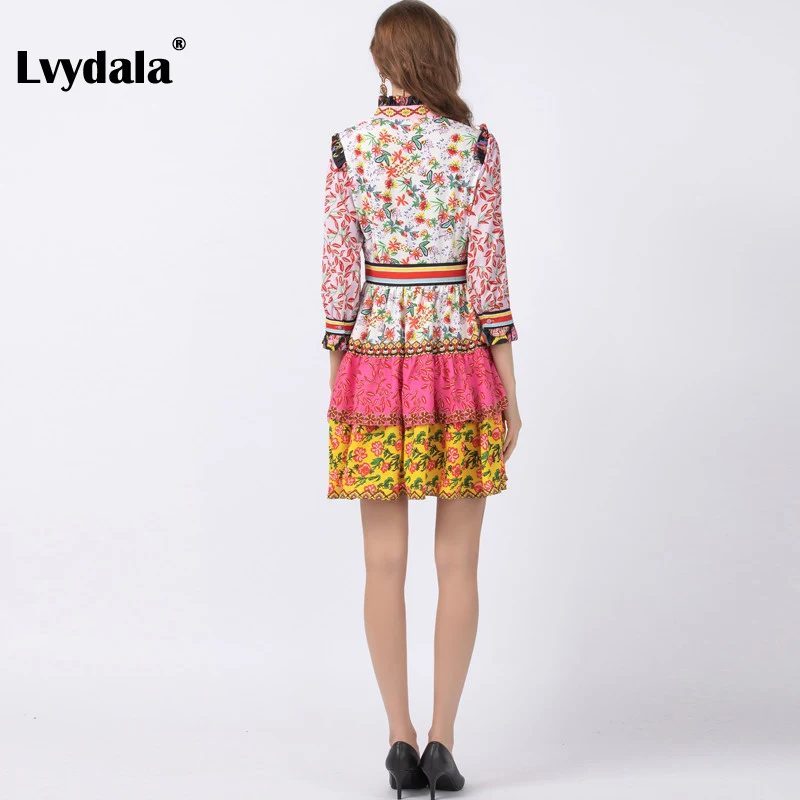 Lvydala, модное дизайнерское платье, весна-лето, женское платье, воротник с рюшами, цветочный принт, оборки, тонкие, элегантные платья