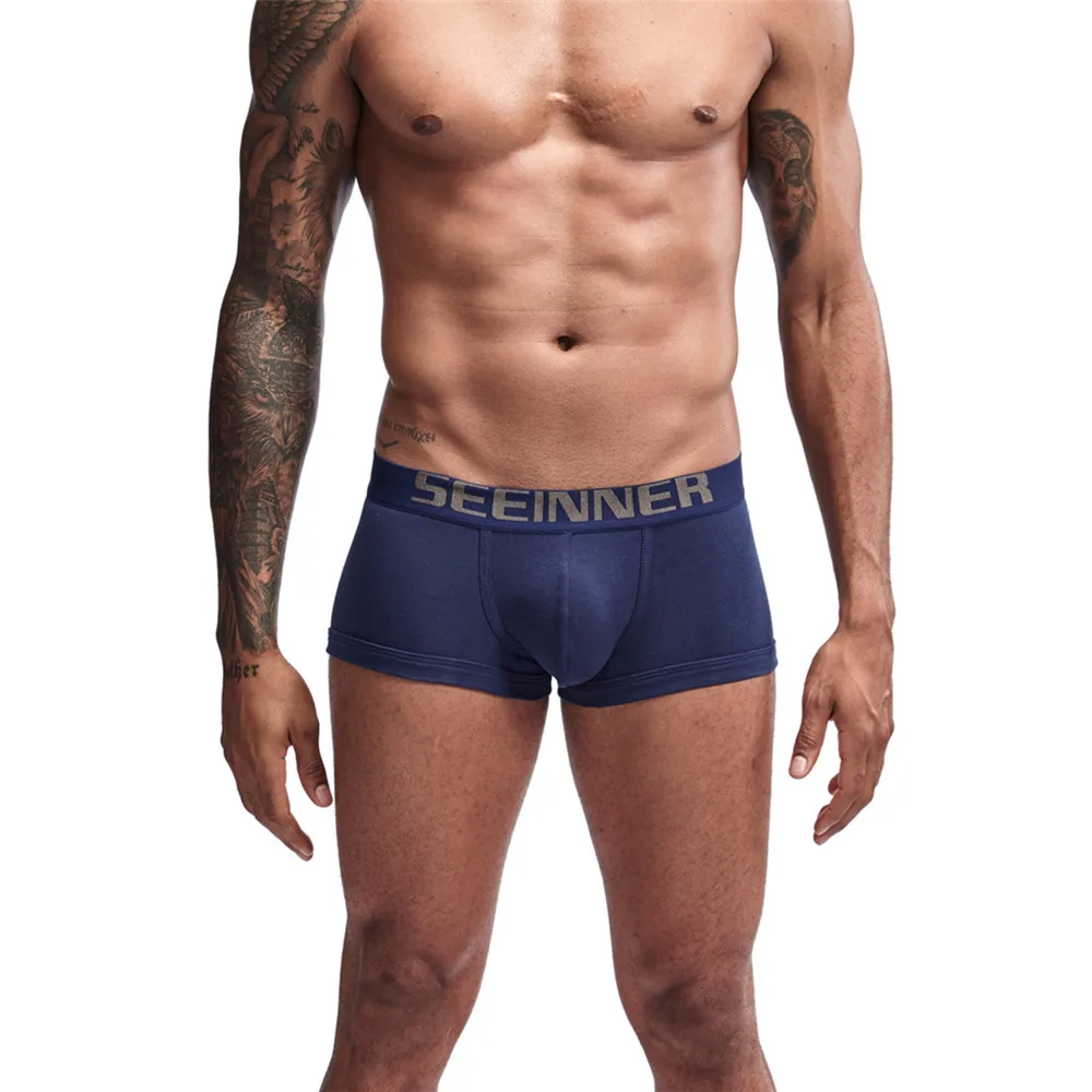 601 Dark blue New Mens Underwear Solid Classic Men Underpants Cotton Short trunk Spandex Man Pants Comfort Elastic Man Boxers Hot - Цвет: 601 Dark blue