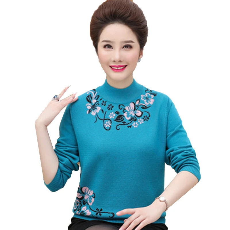 

Middle-aged Winter Women Floral Sweater Pullovers Female Half Turtleneck Sweater Thicken Warm Sweater Plus Size Knit Sweater 4XL